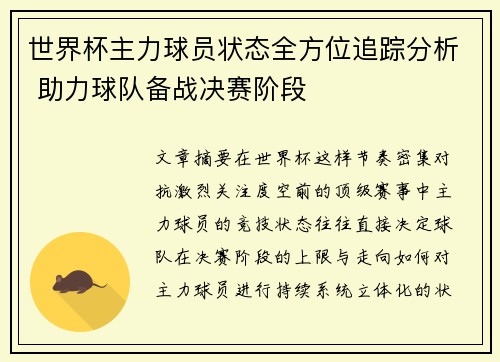 世界杯主力球员状态全方位追踪分析 助力球队备战决赛阶段